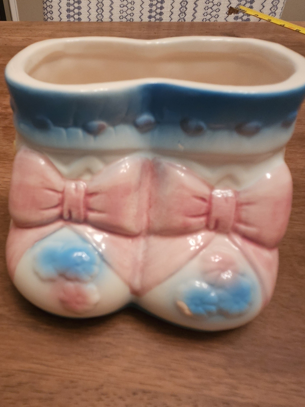 Baby Booties Bow Ceramic Vintage Vase Pink and Blue